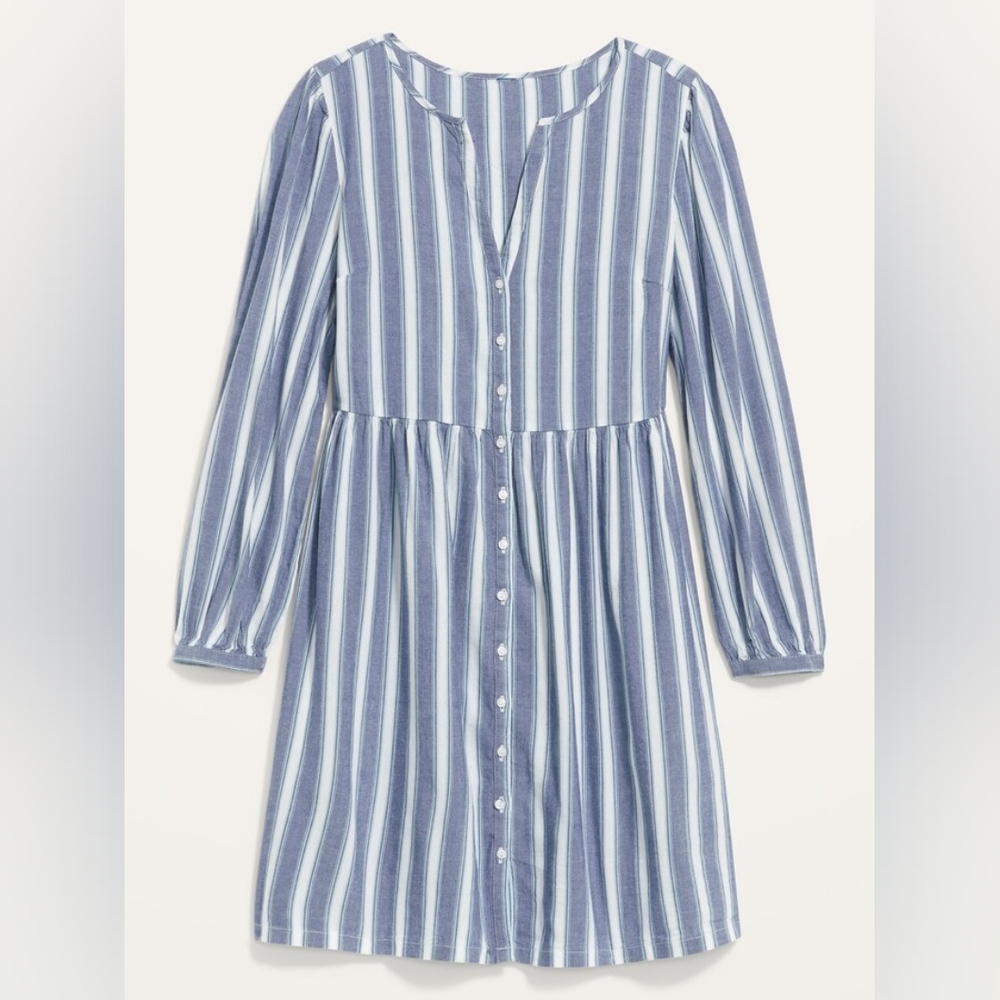 Old Navy Blue White Stripe Long Sleeve Button-up Cotton-blend Mini Swing Dress